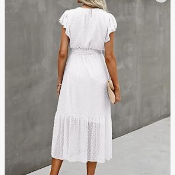 BTFBM Women Bohemian Floral Wrap V Neck Ruffle Belt A-Line Midi Dress White LG - Picture 2 of 9